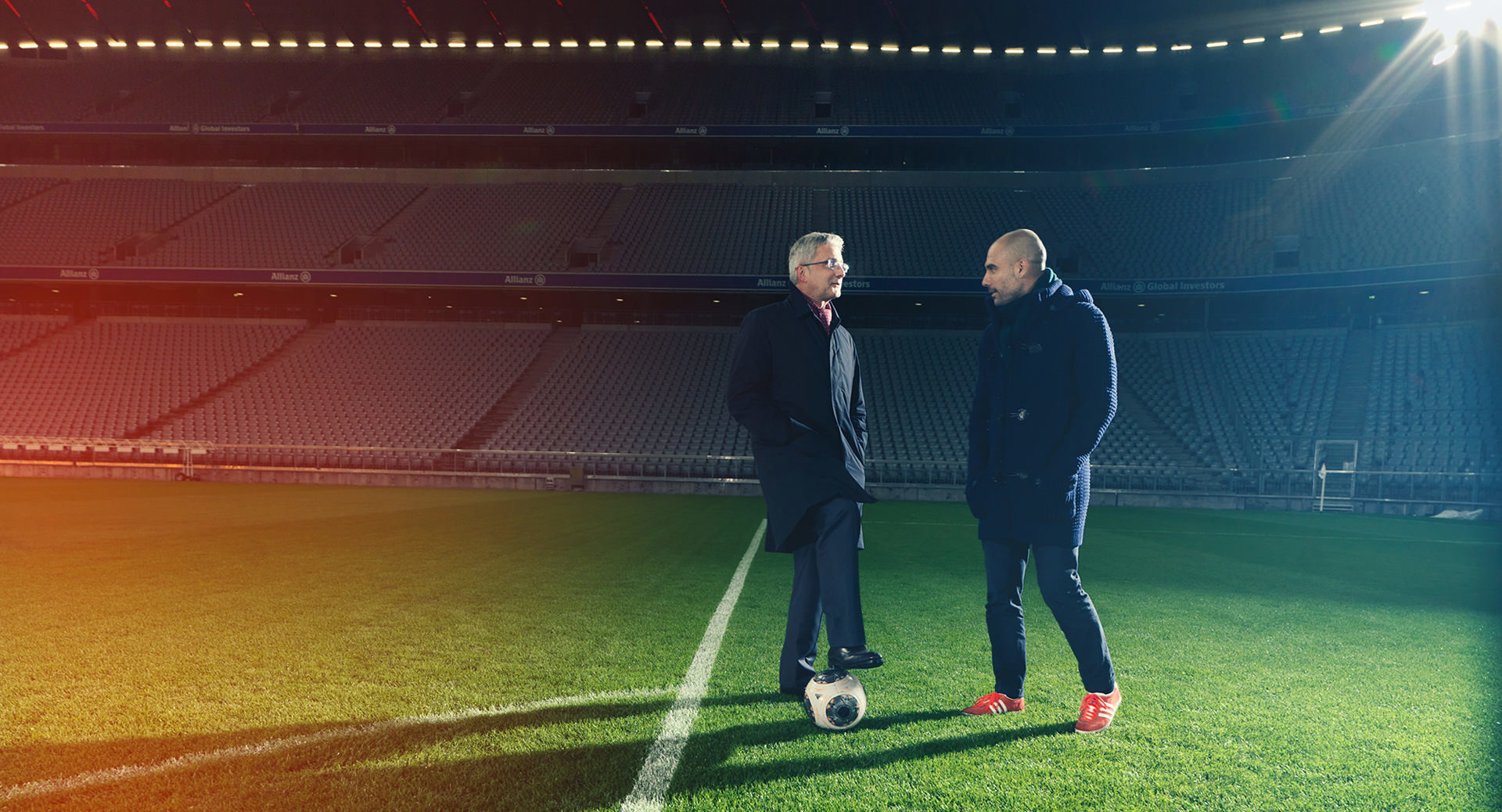 Audi GB Guardiola Stadler, Audi Geschaeftsbericht, audi annual; Pep Guardiola; Rupert Stadler; Audi; FC Bayern; Allianz Arena; munich; köckritzdörrich GmbH, www.ankeluckmann.com, anke luckmann, elisabeth winter, Art Direction: Markus Brandstetter; Agent: Kai Tietz, football, stadium